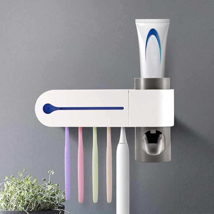 Portaspazzolino da Parete con Sterilizzatore UV Dispenser 5 posti Dentifricio Automatico USB