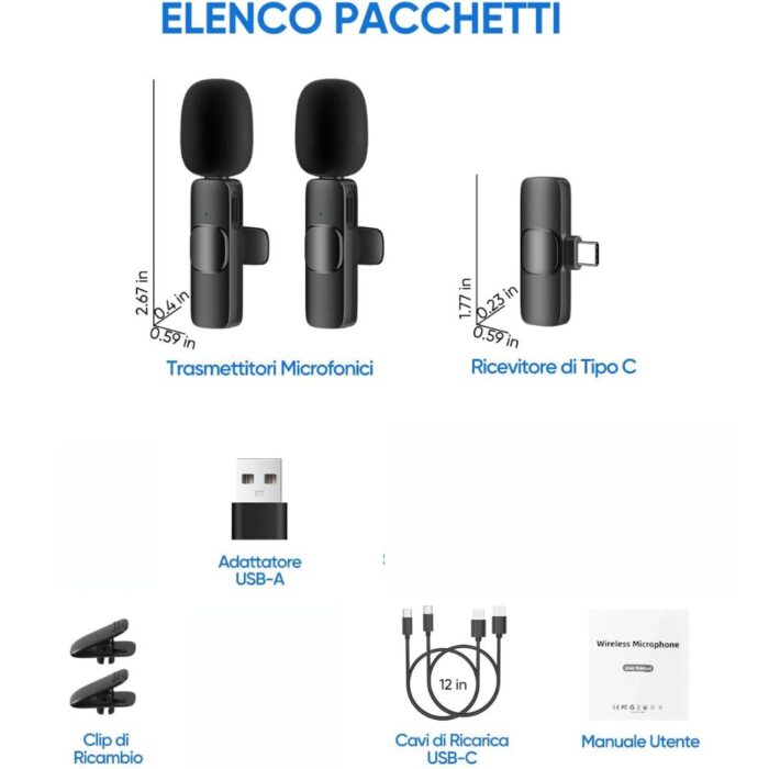 2 pz Microfono Lavalier Wireless Type-C 2 Microfoni Plug & Play