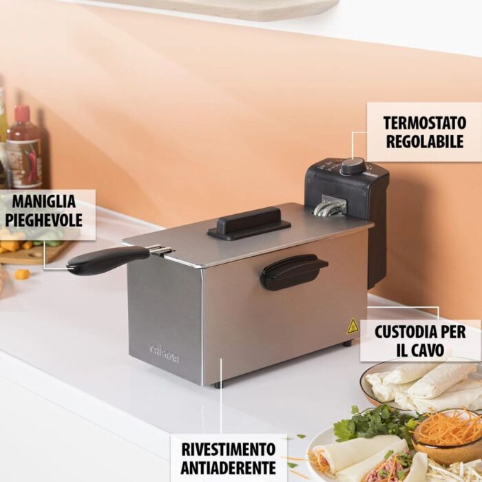 Friggitrice Elettrica 3.2L 2000W | Cestello Rimovibile, Anti-Odore, Termostato Regolabile