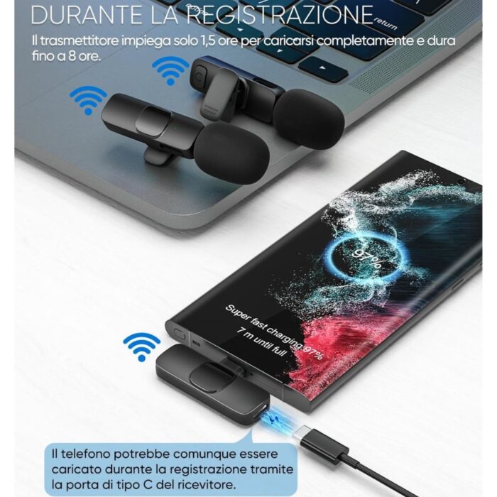 2 pz Microfono Lavalier Wireless Type-C 2 Microfoni Plug & Play